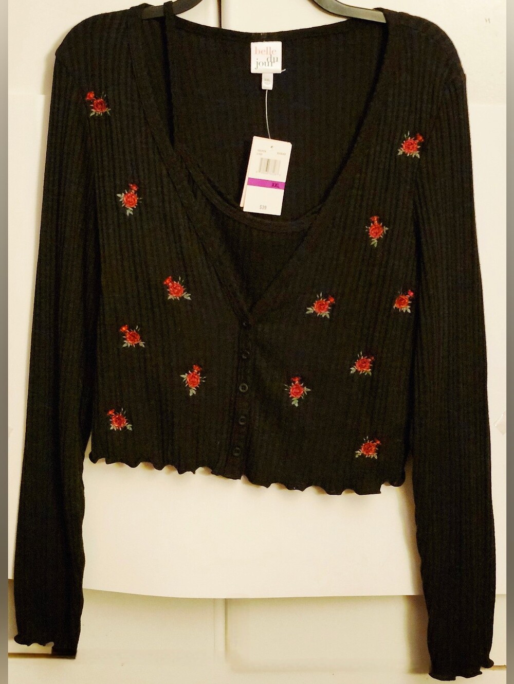 Belle Du Jour Black Ribbed Button-Front Cardigan with Red Rose Embroidery